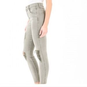 Anthropologie Level 99 High Rise Moss Green Raw Hem Distressed Skinny Jeans
